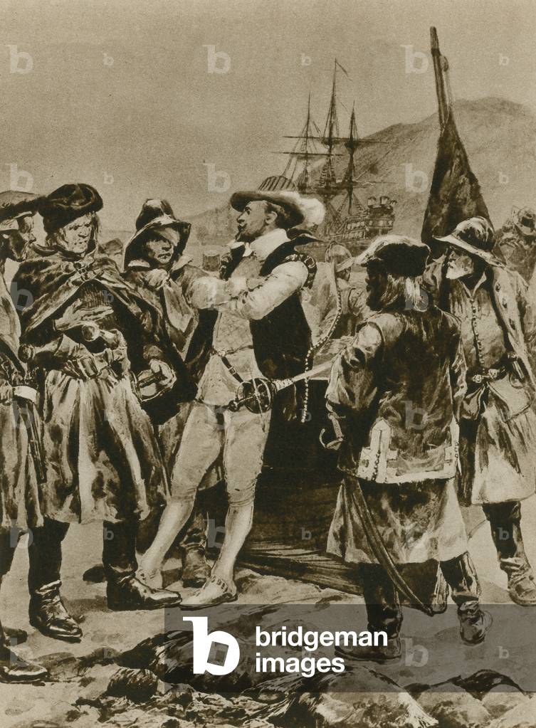 Sir Humphrey Gilbert claims Newfoundland for England (gravure)