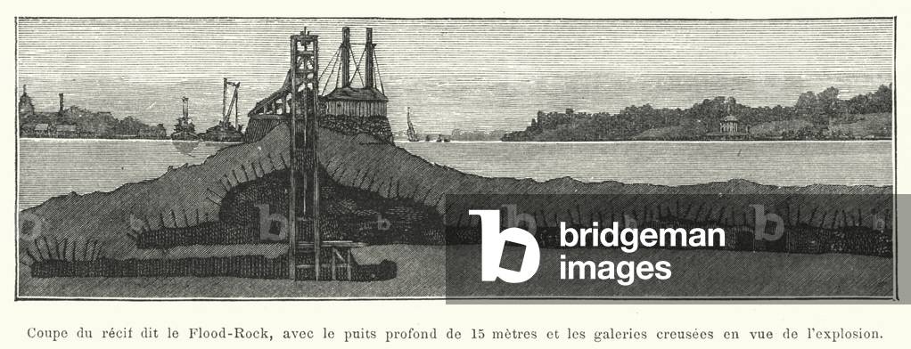Coupe du recif dit le Flood-Rock, avec le puits profond de 15 metres et les galeries creusees en vue de l'explosion (engraving)