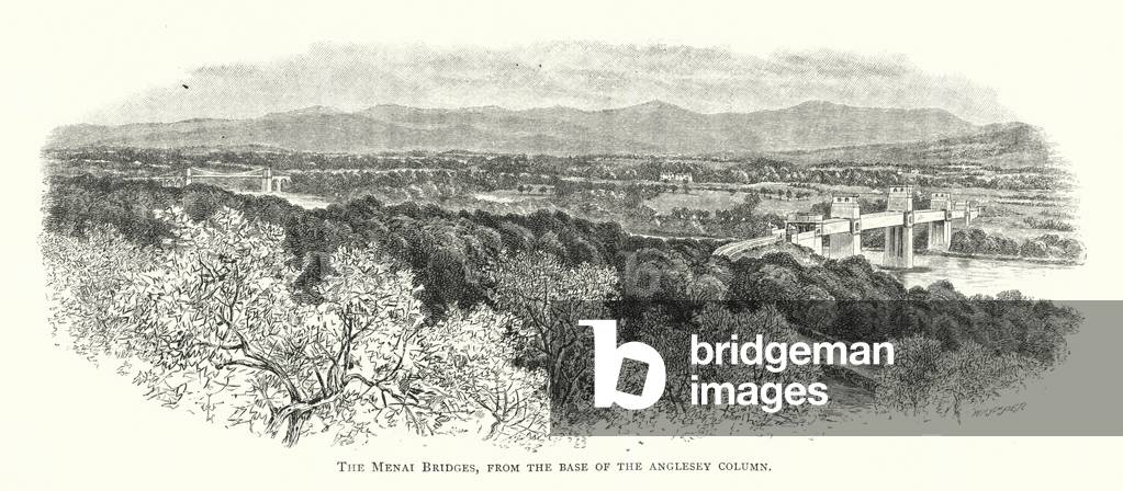 The Menai Bridges, from the base of the anglesey column (engraving)