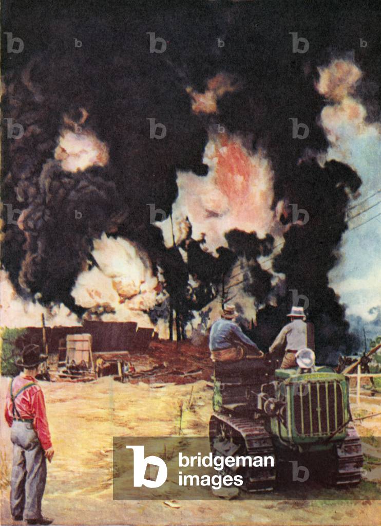 Men watching an oil well on fire (colour litho)