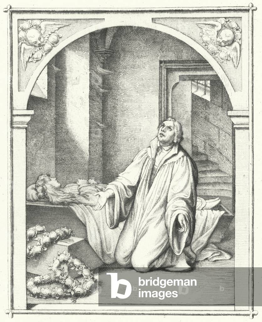 Martin Luther with the dead body of his daughter Magdalena,1542 (engraving)
