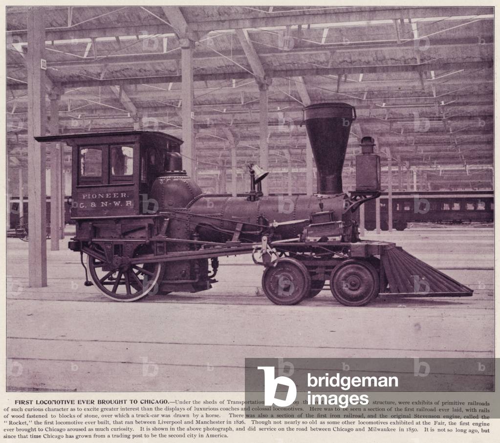 Chicago World's Fair, 1893: First Locomotive ever brought to Chicago (b/w photo)