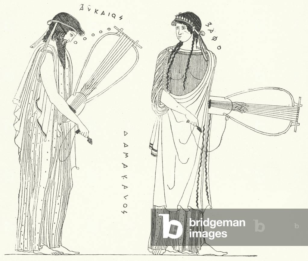 The Ancient Greek poet Alcaeus and his lover Sappho (engraving)