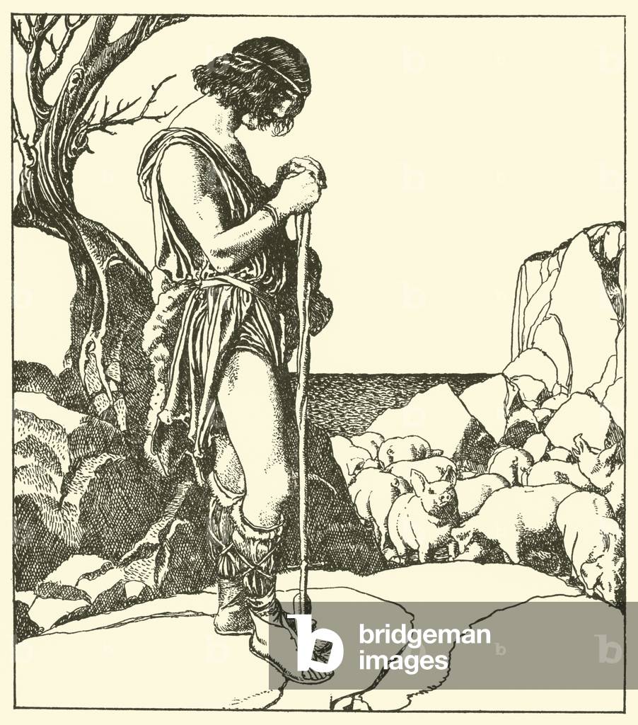 Sir Lamorack herds the swine of Sir Nabon (litho)