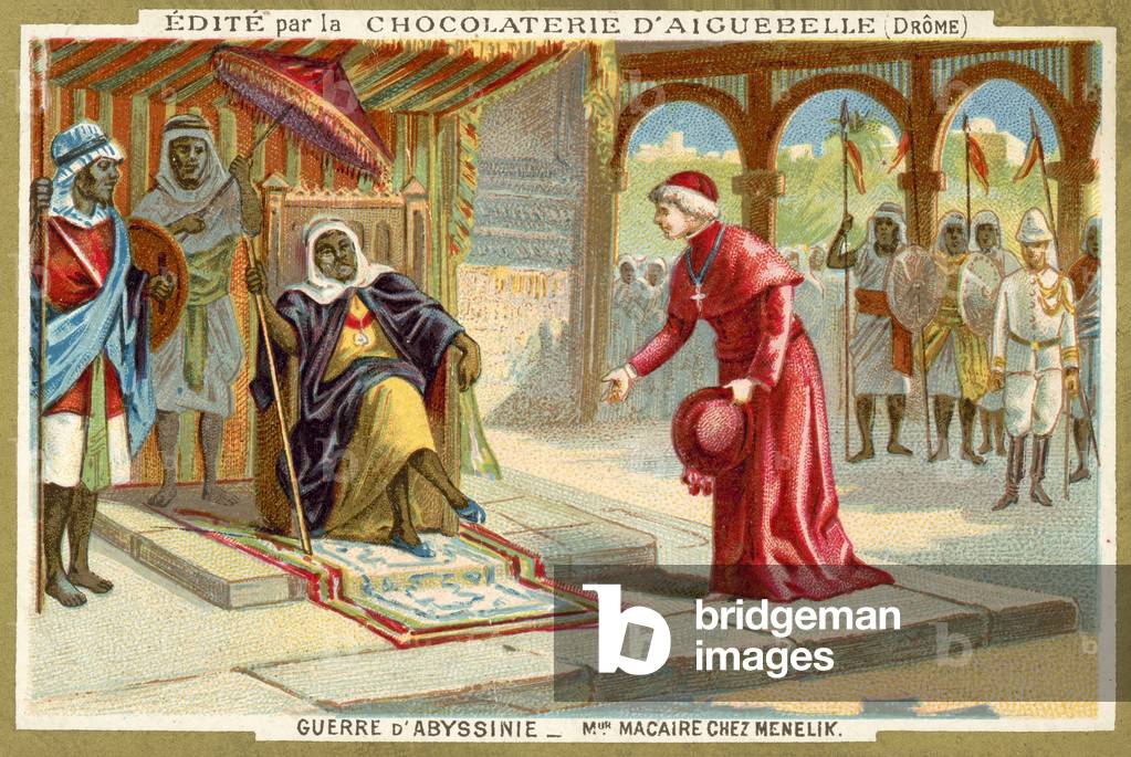 Monsignor Macaire visting Emperor Menelik II of Ethiopia, First Italo-Ethiopian War, 1895 (chromolitho)