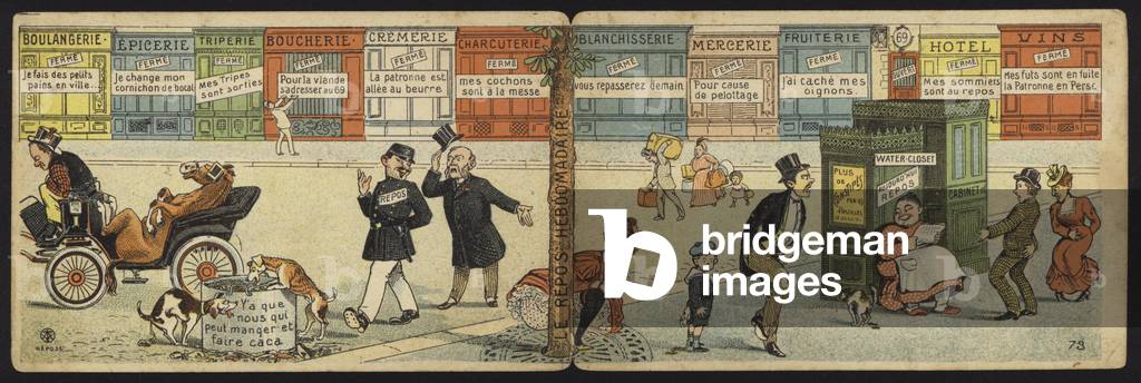Street scene with a row of closed shops and a closed public toilet (colour litho)