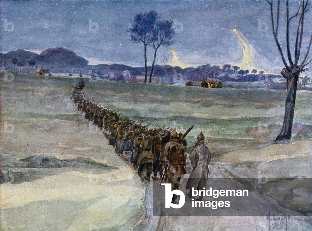 Replacements arriving for the trenches, Ypres (colour litho)