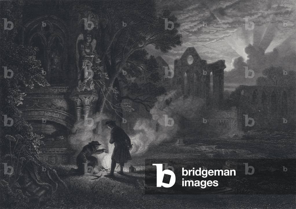 Sir Arthur and Dousterswivel in the ruins of St Ruth (engraving)