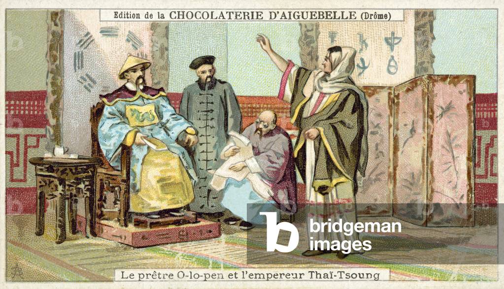 The Christian missionary Alopen and the Emperor Taizong, China (chromolitho)