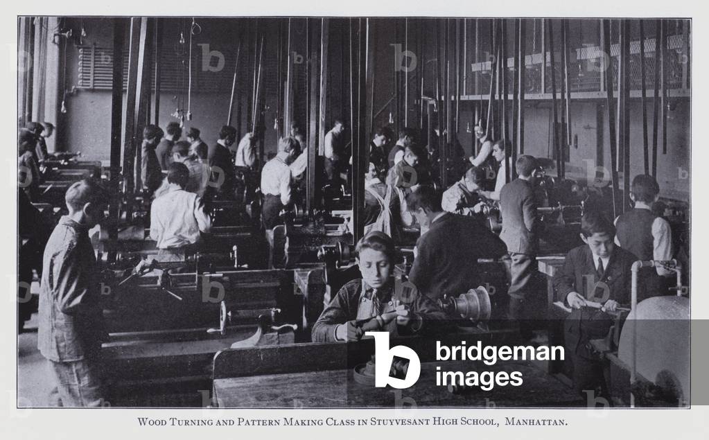 New York School Enquiry, 1911-13: Wood Turning and Pattern Making Class in Stuyvesant High School, Manhattan (b/w photo)