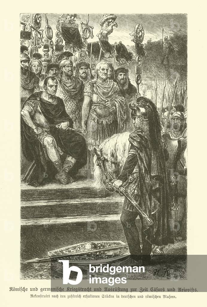 Roman and Germanic weapons and military costume of the time of Julius Caesar and Ariovistus, 1st Century BC (engraving)