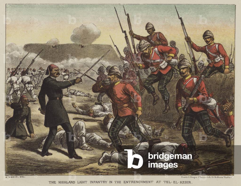 The Highland Light Infantry in the entrenchment at Tel-El-Kebir (colour litho)