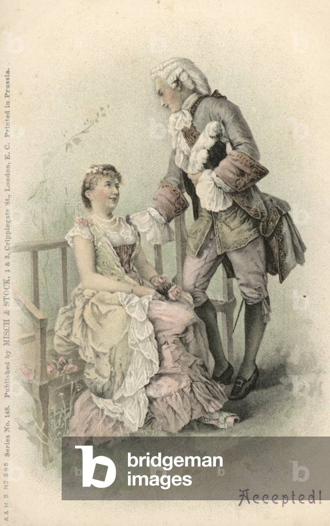 Woman accepting a proposal (colour litho)