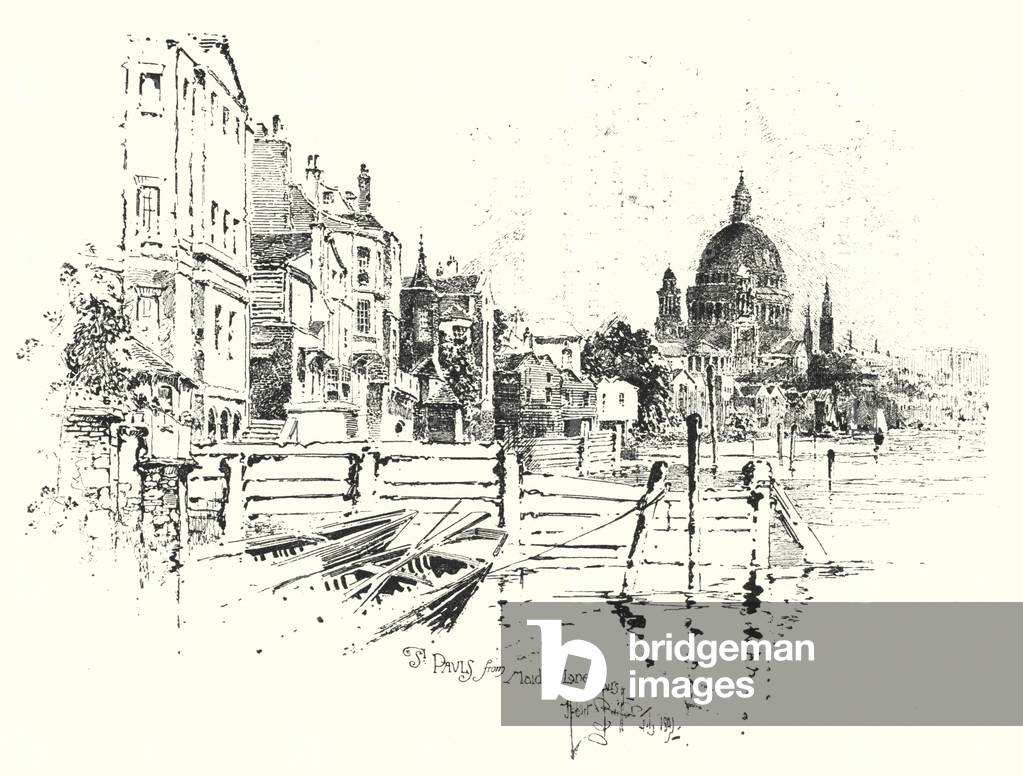 St Pauls Cathedral, London, from Maiden Lane Stairs (litho)