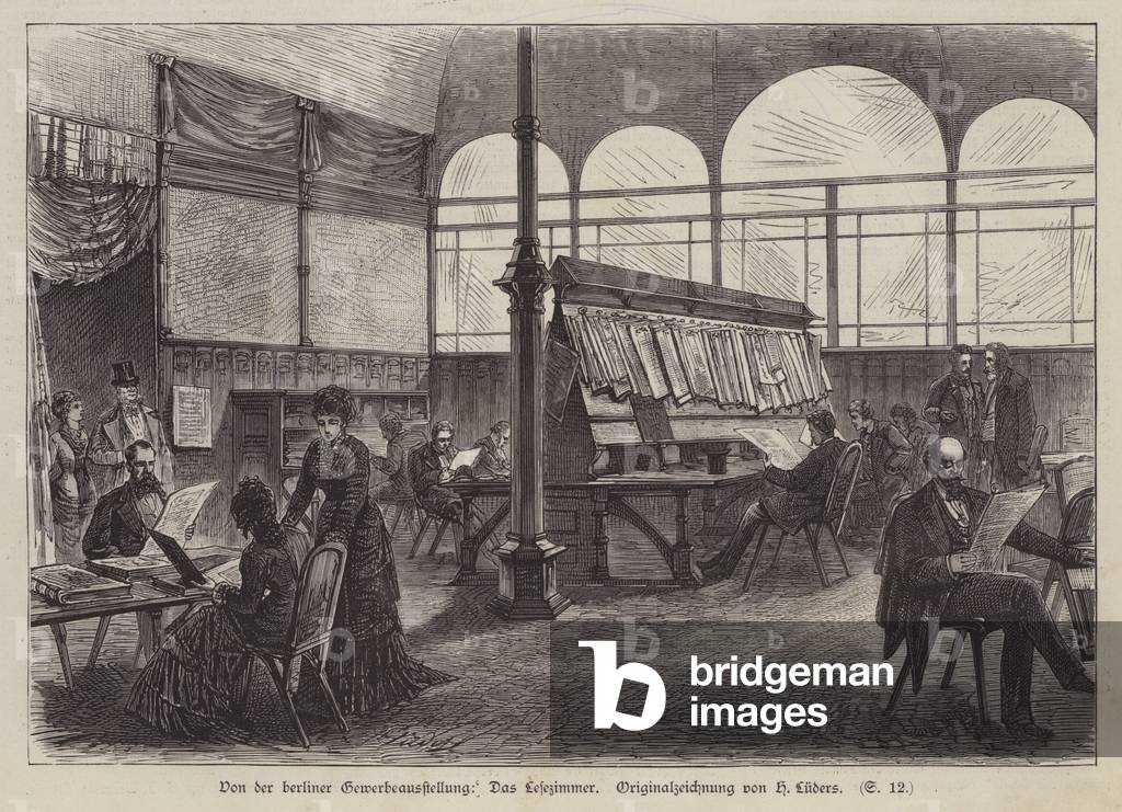 Reading room at the Berlin Exhibition of Trade and Industry, Germany, 1879 (engraving)