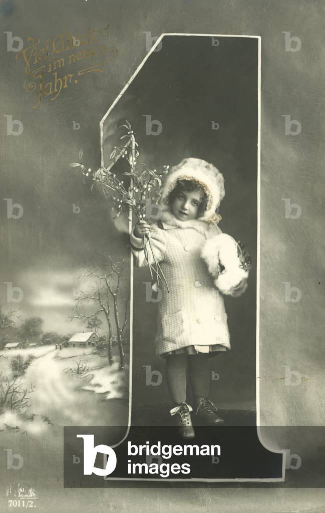 New Year's card with little girl in a fur hood (b/w photo)