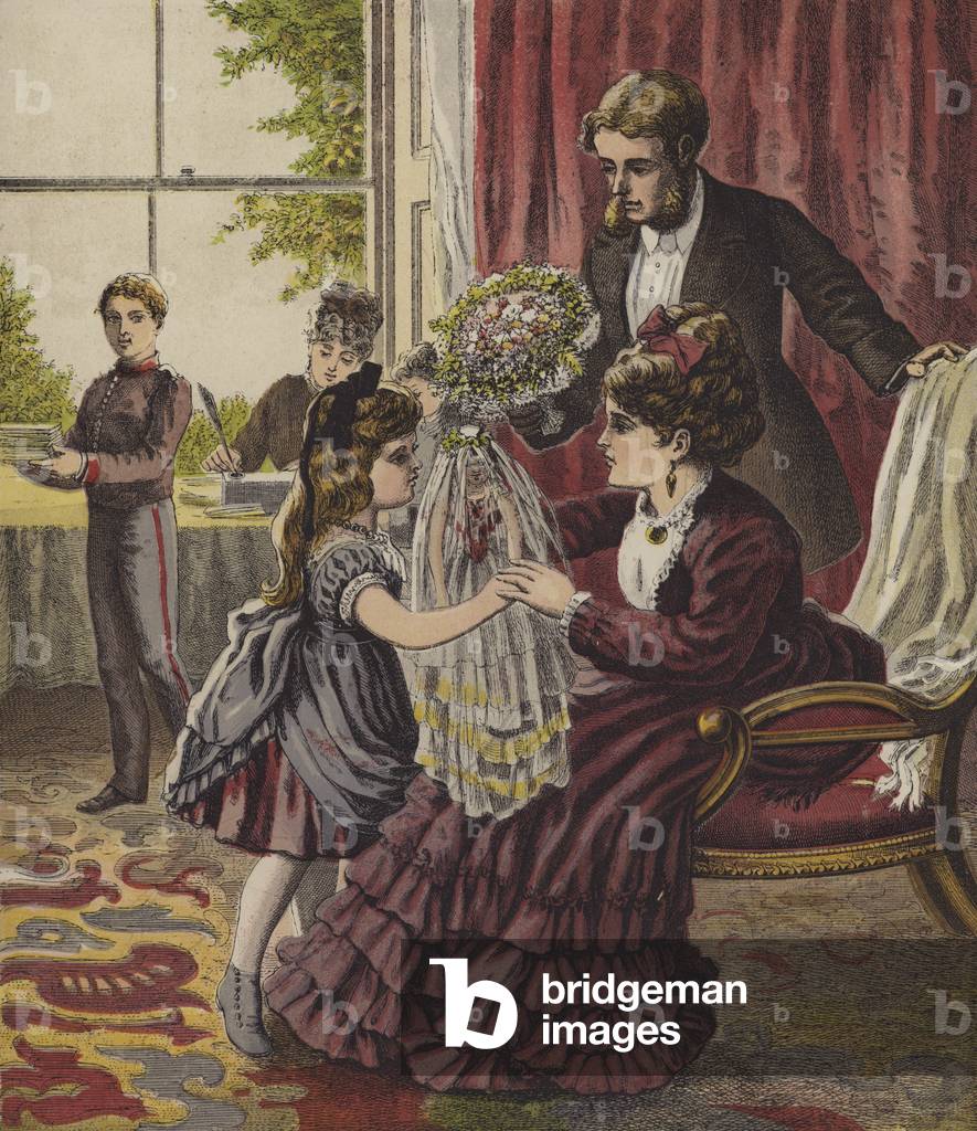 Receiving a birthday bouquet from her parents (colour litho)