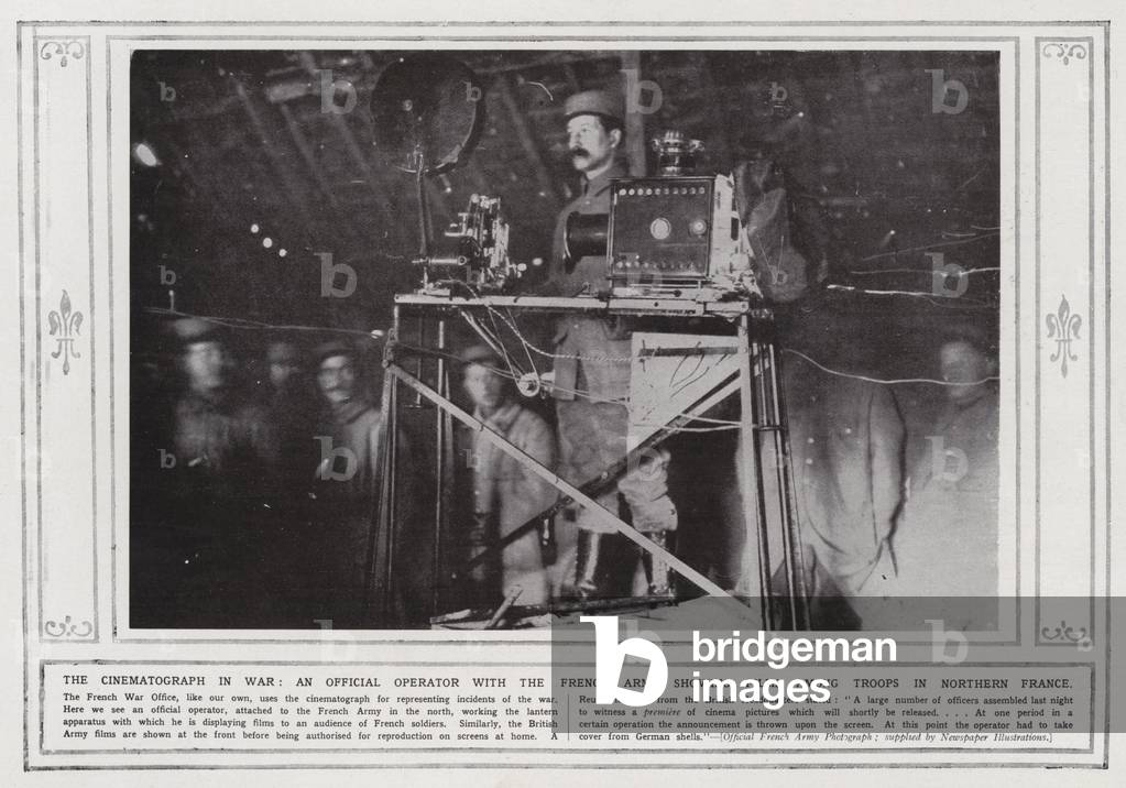 The cinematograph in war, an official operator with the French Army showing films among troops in Northern France (b/w photo)