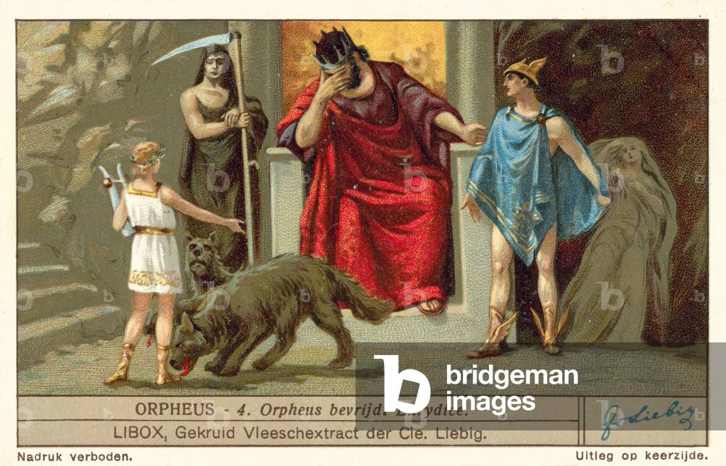 Orpheus frees Eurydice (chromolitho)