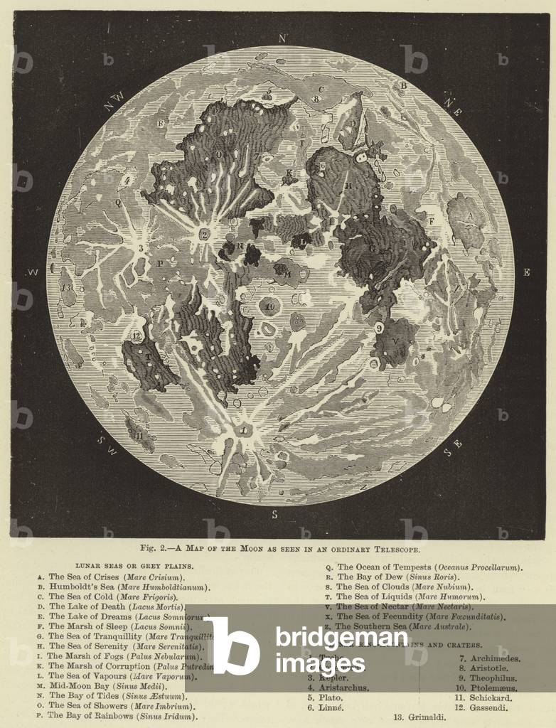 A map of the moon as seen in an ordinary telescope (engraving)