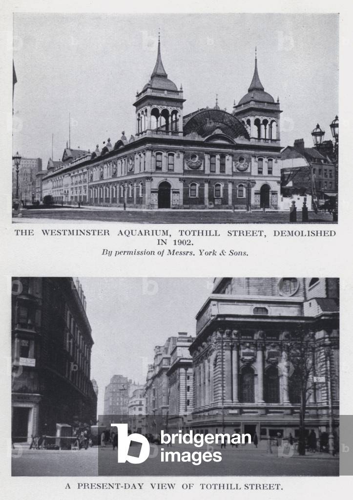 The Westminster Aquarium, Tothill Street, demolished in 1902; a present-day view of Tothill Street (b/w photo)