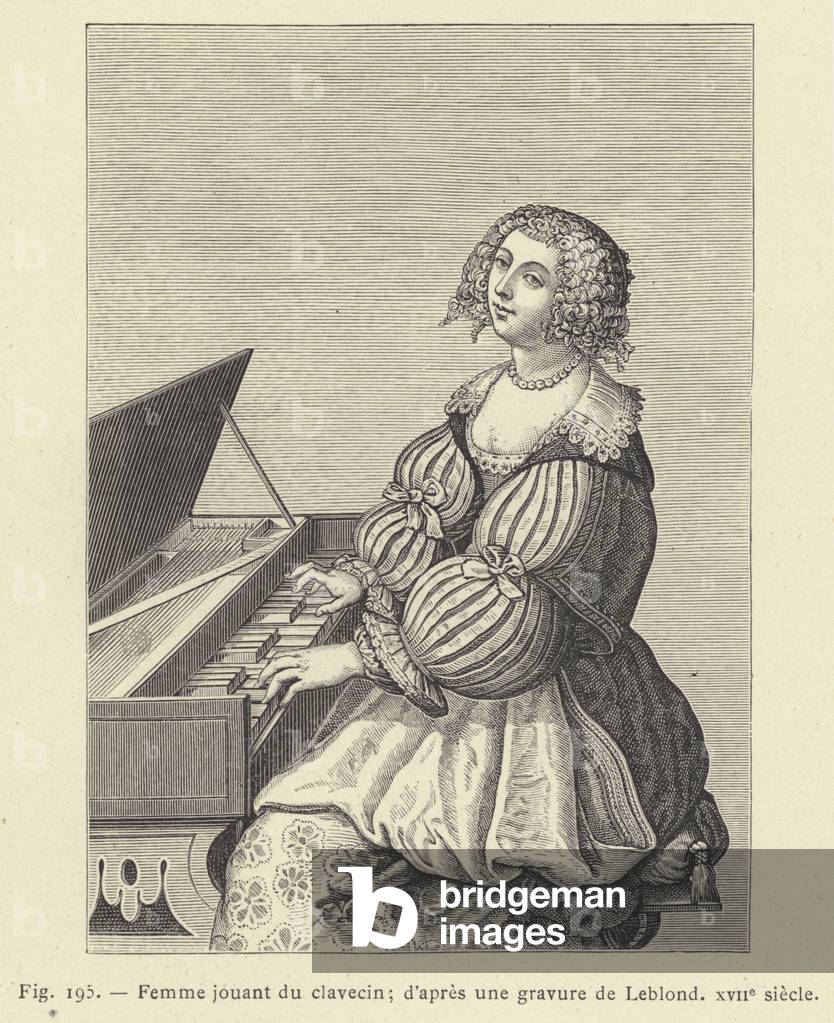 Femme jouant du clavecin, d'apres une gravure de Leblond, XVIIe siecle (engraving)