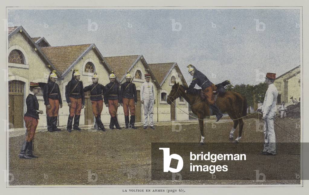 Cavalryman practicing mounting a horse (colour photo)