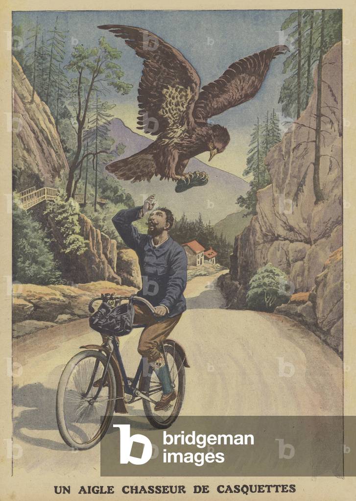 An eagle stealing a cyclist's cap in the French Alps (colour litho)