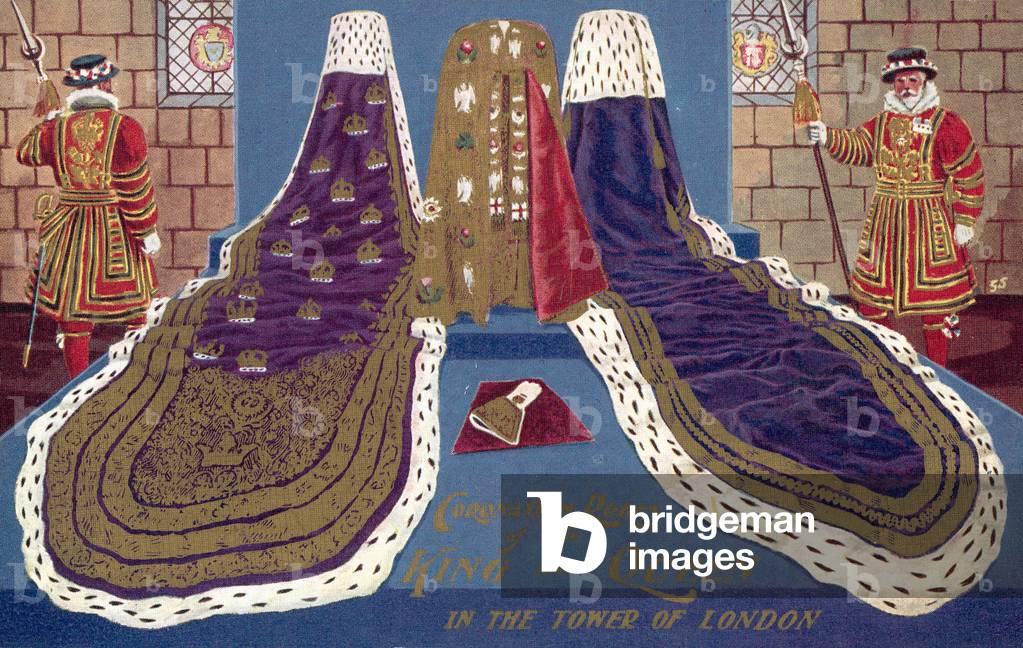 Coronation robes of the King and Queen in the Tower of London (colour litho)