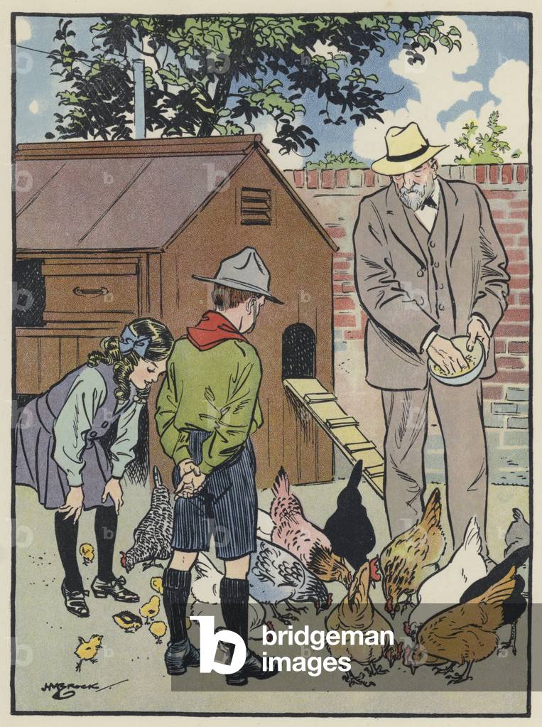 Feeding the Hens (colour litho)