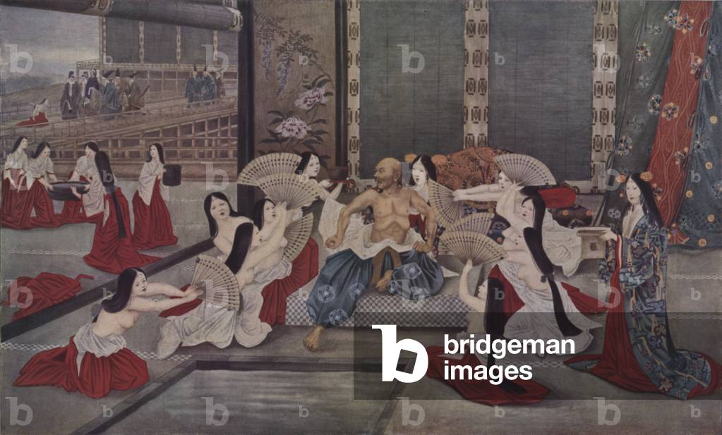 The concubines of Taira no Kiyomori attempting to cool him by running cold baths and fanning him with water-soaked fans to ease the unquenchable fire lit in his body by his sacriligeous pride (colour litho)
