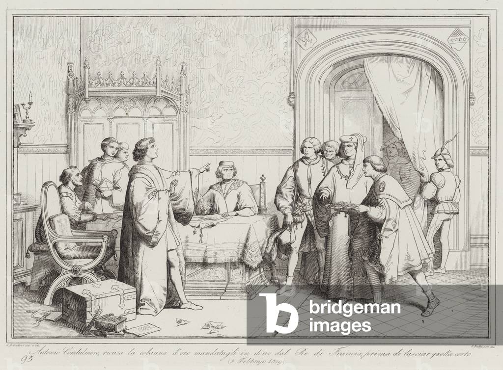 Antonio Condulmero, ricusa la collana d'oro mandatagli in dono dal Re di Francia, prima di lasciar  (engraving)