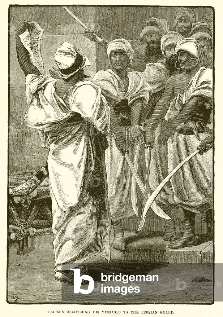 Bagaeus delivering his messages to the Persian guard (engraving)