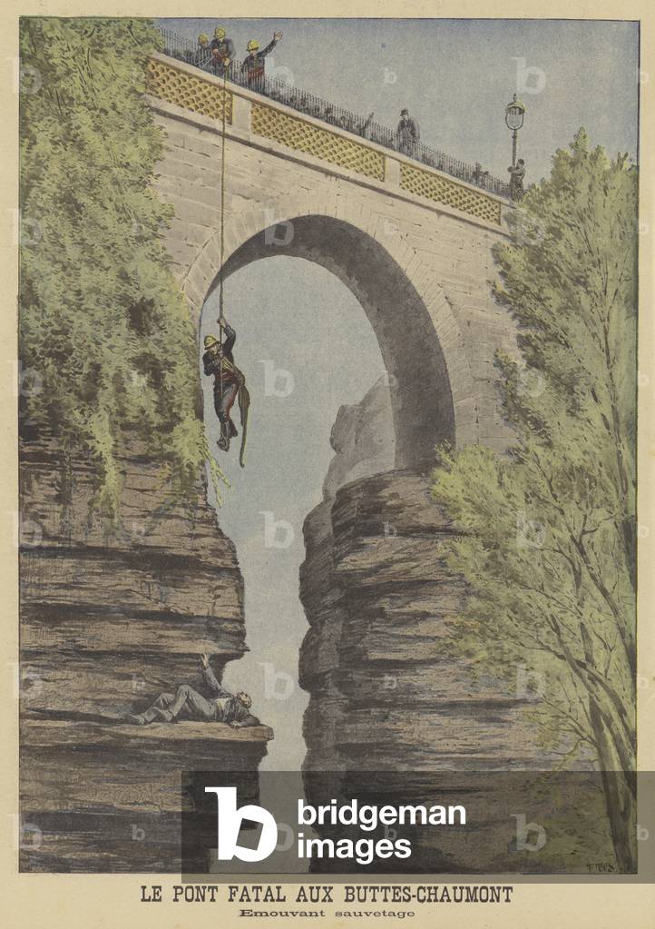 Rescue of an attempted suicide at the bridge in the Parc des Buttes-Chaumont, Paris (colour litho)