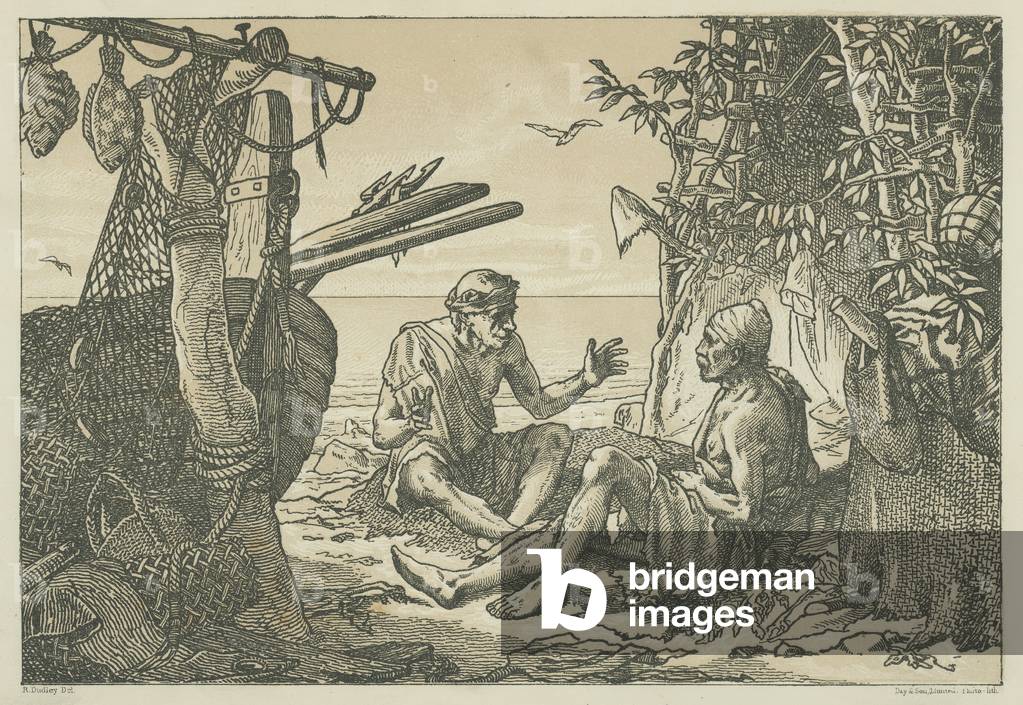 Ancient Greek fishermen (litho)