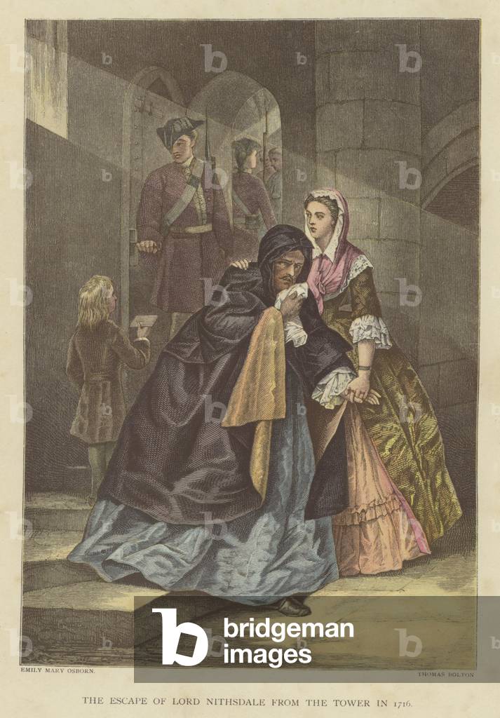 The escape of Lord Nithsdale from the tower in 1716 (coloured engraving)