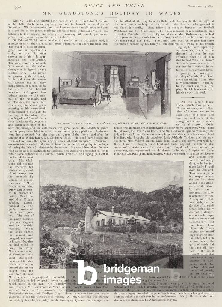 Edward Watkin's chalet, Cwmllan, near Beddgelert, where British Prime Minister William Ewart Gladstone's stayed during his holiday in Wales, 1892 (litho)