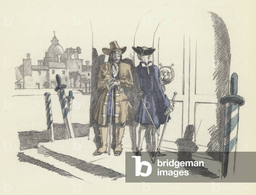 Illustration for Voltaire's Candide (colour litho)