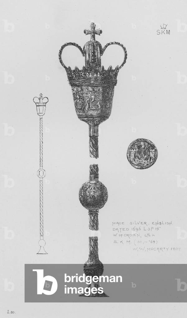 Victoria And Albert Museum: Mace, silver, English, dated 1696 (engraving)