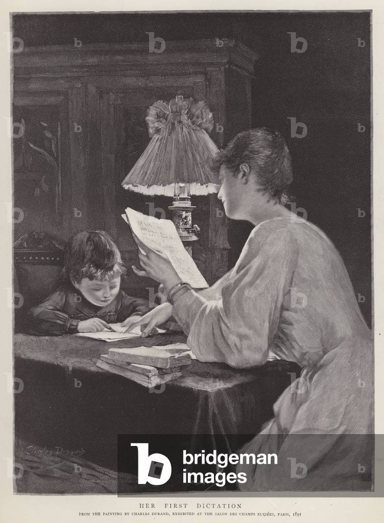 Her First Dictation, painting exhibited at the Salon des Champs Elysses, Paris, 1891 (litho)