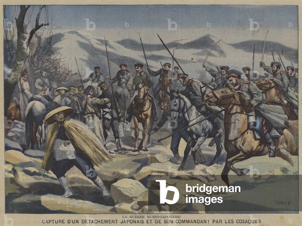 The Russo-Japanese War: a Japanese detachment and their commander captured by Cossacks (colour litho)