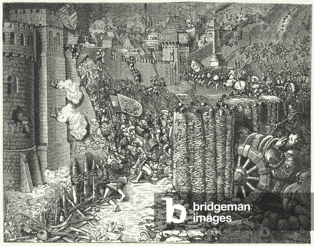 The army of the Holy Roman Emperor Maximilian I storming Szekesfehervar, medieval capital of the Kingdom of Hungary, 1490 (engraving)