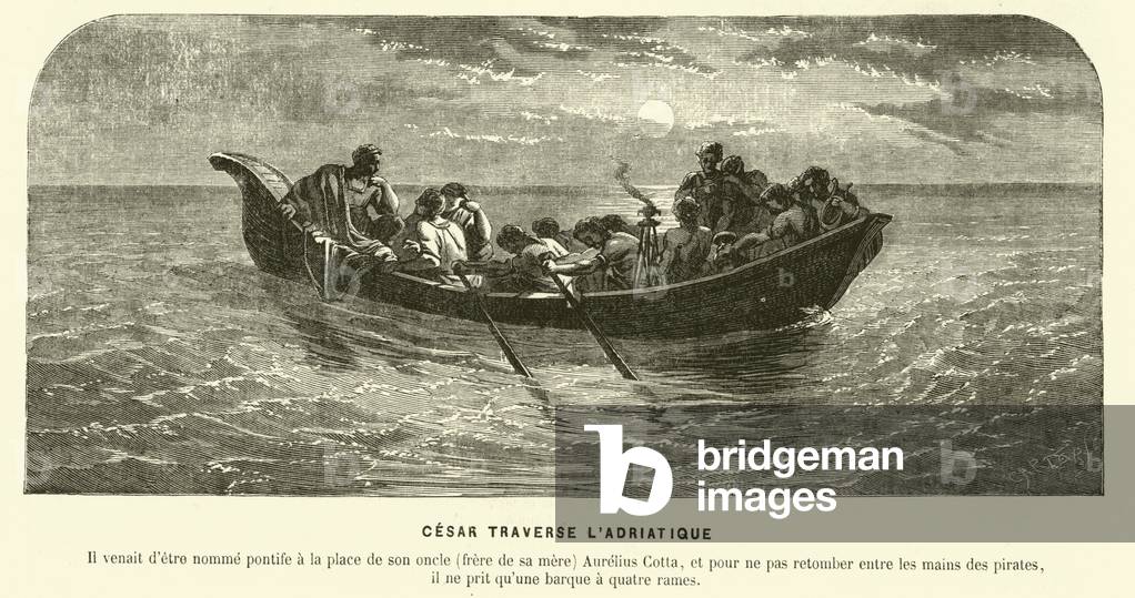 Julius Caesar crossing the Adriatic Sea in a small boat to avoid being captured by pirates (engraving)