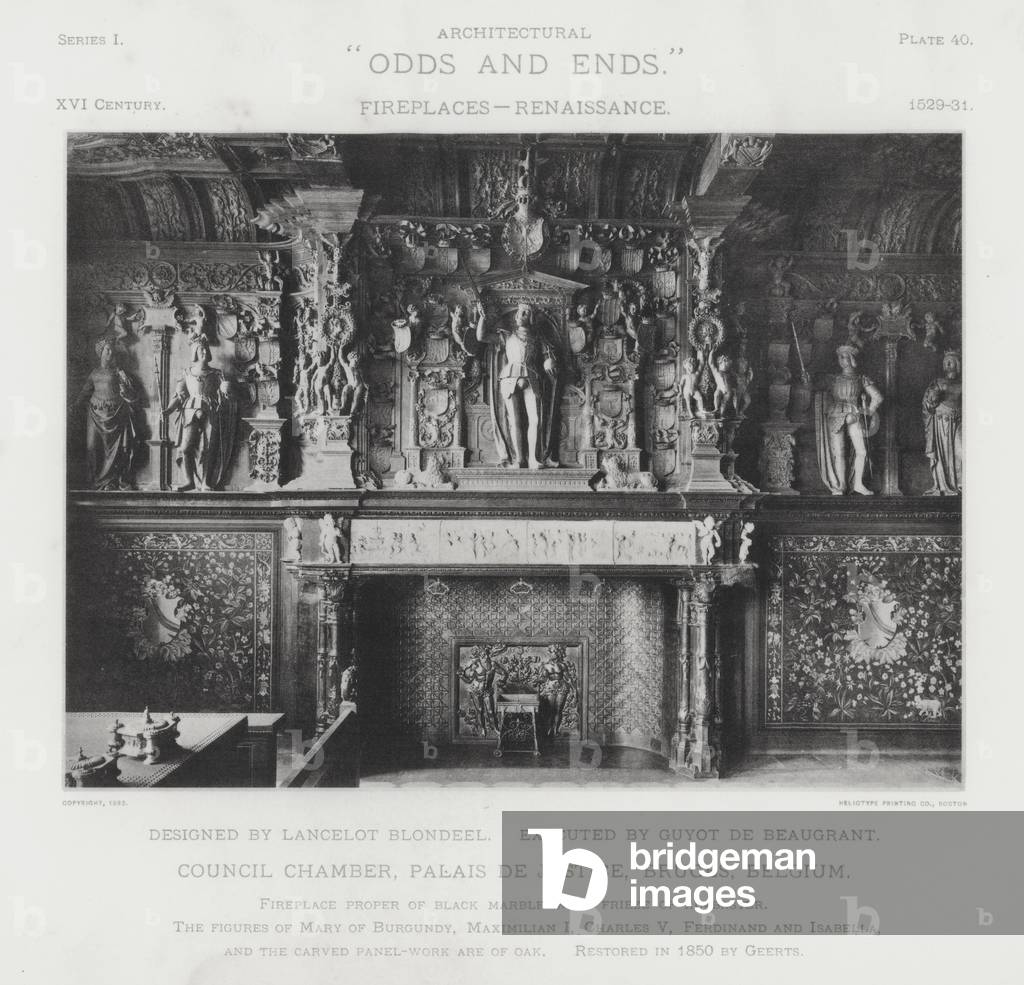 Fireplace: Council Chamber, Palais De Justice, Bruges, Belgium (b/w photo)