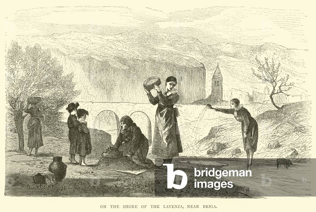 On the shore of the Lavenza, near Briga (engraving)