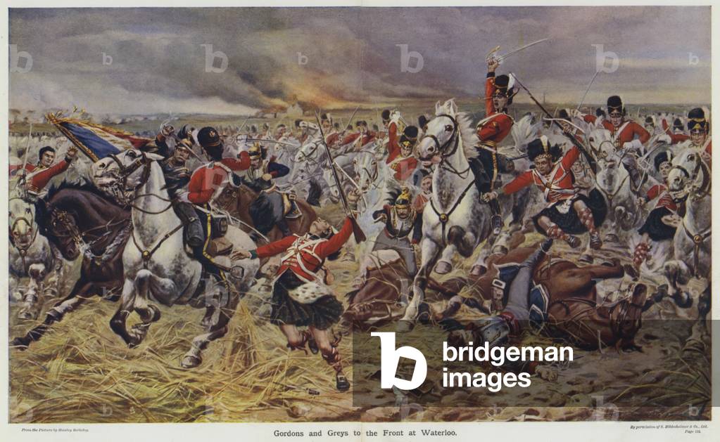 Gordons and Greys to the Front at Waterloo (colour litho)