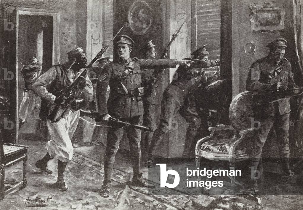 Sergeant Edward Clarke directing the defence of Chateau Herentage during the First Battle of Ypres, November 1914 (litho)