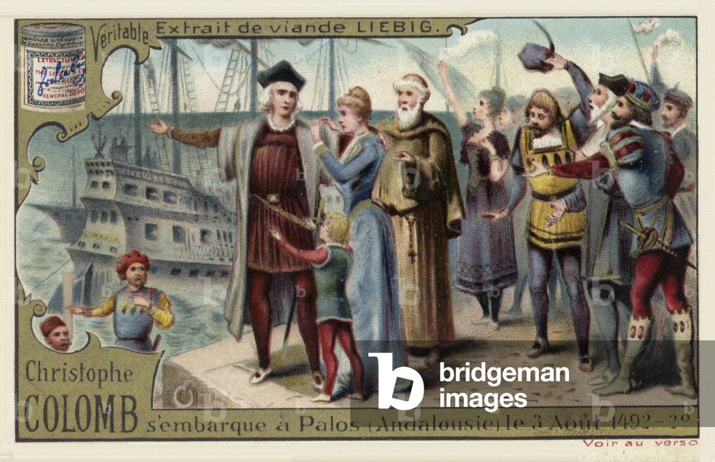 Christopher Columbus embarks on his voyage to the New World, Palos, Spain, 3 August 1492 (chromolitho)