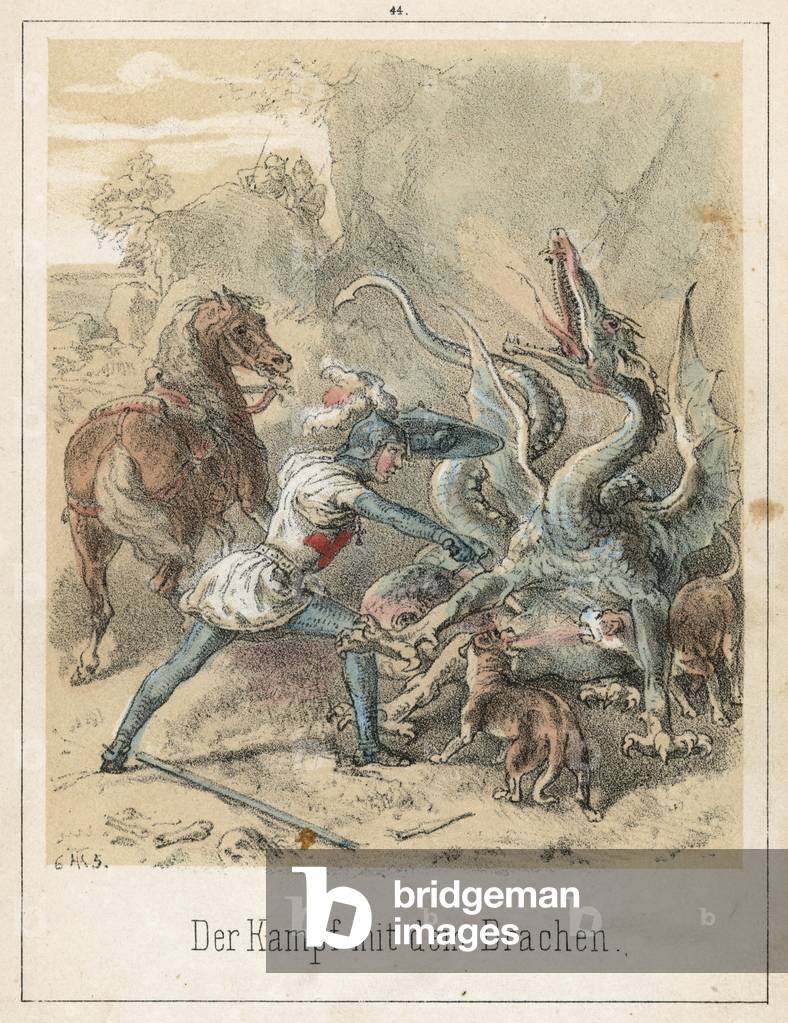 The Fight with the Dragon (coloured engraving)