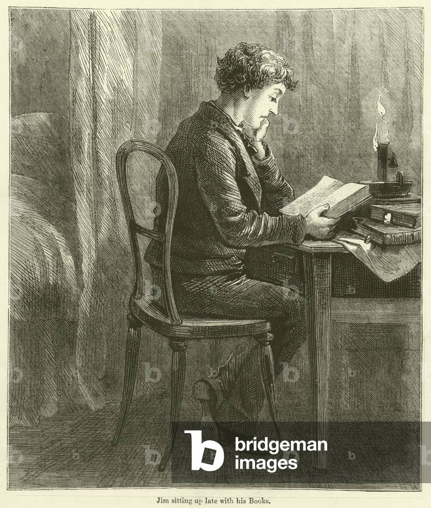 Jim sitting up late with his Books (engraving)